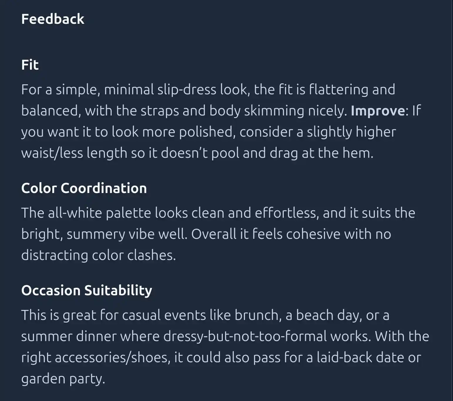 AI outfit analysis: fit, color coordination, and occasion suitability