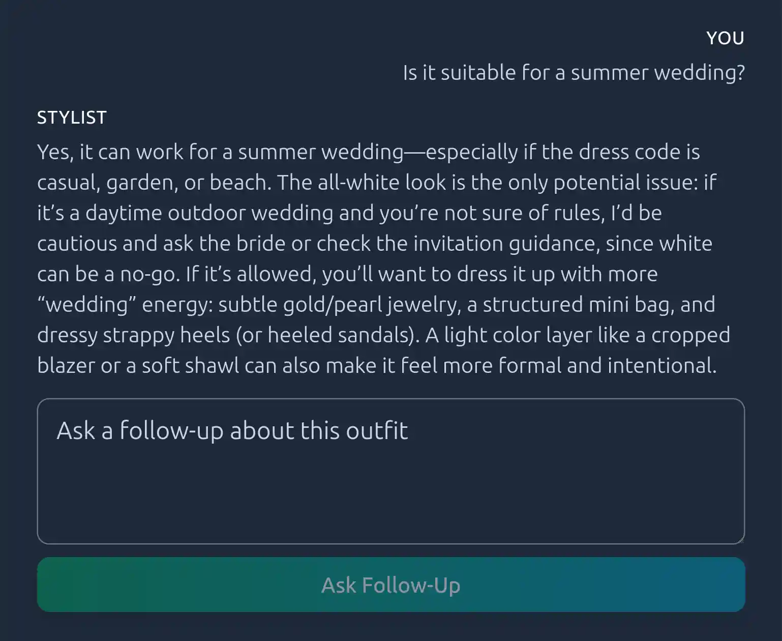 Follow-up question answered by the AI stylist